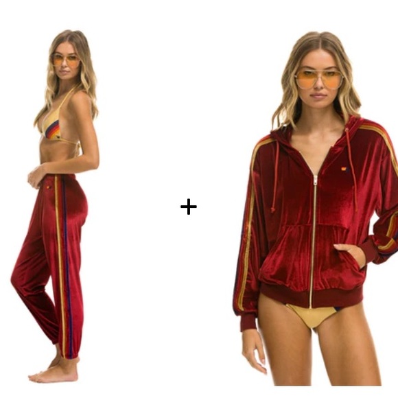 SET - AVIATOR NATION CLASSIC VELVET HOODIE & PANTS SET - RED